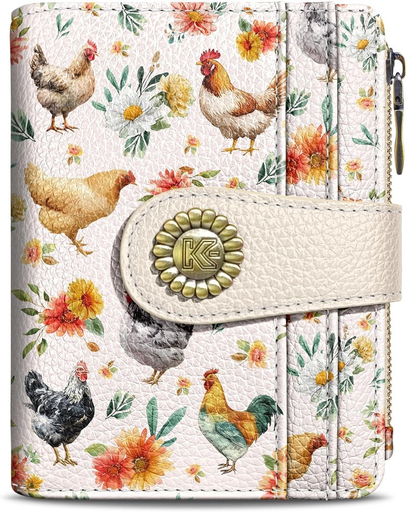 Kelvoris Roosters Chicken Small Rfid Women Wallet Bifold Zipper Coin Pocket PU Leather Compact Cash Credit Card Holder Travel Wallet for Female Ladies Teen Girls 1 ID Window 10 Card Slots - Image 1